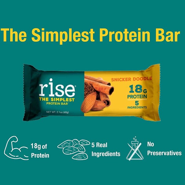 Rise Whey Protein Bar, Snickerdoodle, Healthy Breakfast Snack Bar, 18g Protein Bar 3g Dietary Fiber, 4 Natural Whole Food Ingredients, Simplest Non-GMO, Gluten Free, Soy Free Bar, 12 Pack