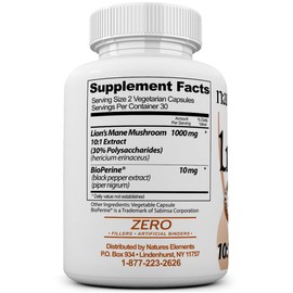 Natures Elements Lion’s Mane Mushroom with BioPerine – 10:1 Extract – 1000mg Lion’s Mane + 10mg BioPerine – 30% Polysaccharides – 60 Vegetarian Capsules – Cognitive & Nerve Support – Non-GMO