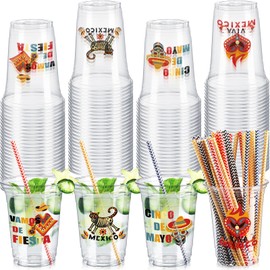 Tanlade 48 Pcs 16 oz Fiesta Plastic Cups Disposable Mexican Cinco De Mayo Cups with Straw Margarita Drinkware Taco Mexico Party Supplies