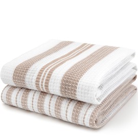 Waffle Kitchen Towels Set of 2, White and Tan Striped Waffle Weave Dish Towels for Kitchen, Absorbent Waffle Hand Towels, Oeko-Tex Cotton Tea Towels, 25 in x 15 in