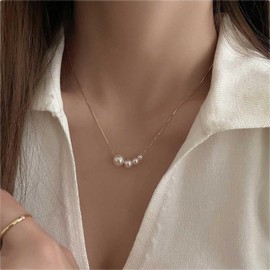 Yienate Tiny Pearl Choker Necklace Chain Boho Gold Thin Chain 4 Pearl Pendant Necklaces Wedding Bridesmaids Pearl Bead Ball Pendant Necklace Jewelry for Women and Girls