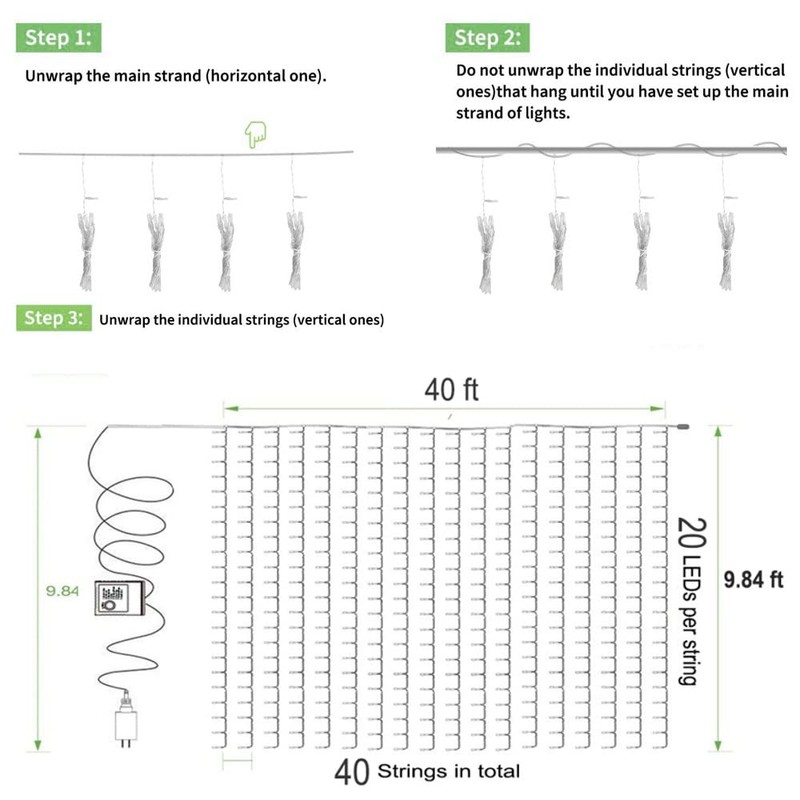 Solhice LED Curtain Lights Outdoor 40ft x10ft, 800 LED Plug