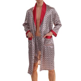 Haseil Men's Luxurious Kimono Robe with Shorts Silk Satin Bathrobes Lightweight Long Sleeve Sleepwear Set, Red, Tagsize2XL=USsizeM