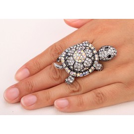 YACQ Women's Wiggling Turtle Stretch Rings Fit Finger Size 7 to 9 - Elastic Soft Band Perfect for Arthritis - Lead & Nickle Free - Silk Scarf Holders - (2 H x 1-1/5 W) Inches, Crystal, Crystal