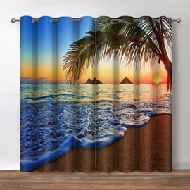 Jekeno Sea Sunset Blackout Curtains - Tropical Beach Ocean Sunset with Palm Trees Nature Scenery Print Blocking Curtain Decor Home Bedroom Living Room Grommet Window Drapes 2 Panel Set, 52" x 63"