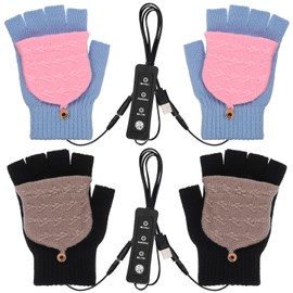 JaGely 2 Pairs USB Heated Gloves Mitten for Men Women Hand Winter Warmer with Temperature Adjustment Knitting Full Half Hands Heated Fingerless Washable Warm Laptop Gloves