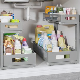 Biboraya 2 Pack 17IN Depth Under Sink Storage Organizer, Large 2-Tier Elegant Mesh Pull Out Shelf for Kitchen and Bathroom Cabinet Organization, L-Shaped and Adjustable Height Design-Gun Gray