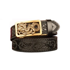 Lyqqine Men's Ratchet Leather Belt Engraved Vintage Dragon Leather Ratchet Belt for Men Eagle Button Belt Adjustable, Grass Carving Dragon 3 Black, Large