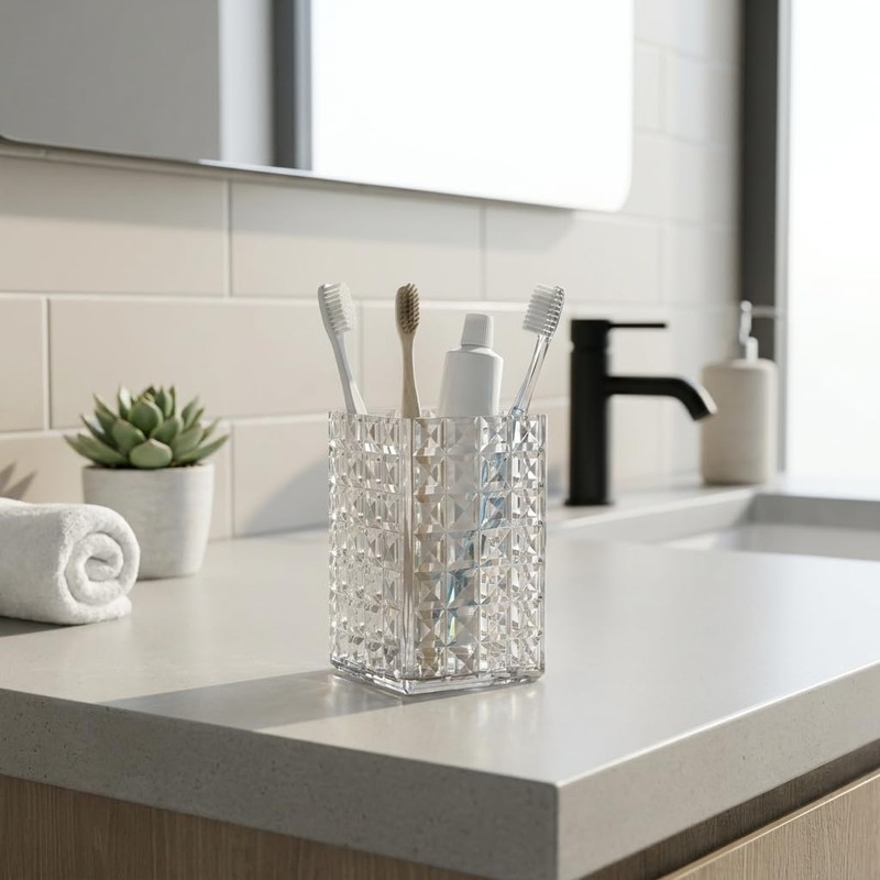 2 Pack Acrylic Toothbrush Holder, Clear Diamond Faceted Cup for