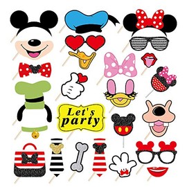 25Pcs Mini Photo Booth Props with Stick, Cartoon Mouse Themed Selfie Props Mouse Photo Booth Props Mouse Birthday Party Supplies Mini Mouse Selfie Props Backdrop Decorations for Mouse Themed First
