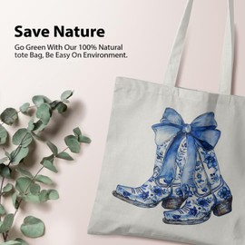Veqzc Blue and White Bows Boots Canvas Tote Bag,Floral Tote Bag,Chinoiserie Canvas Bag,Chinoiserie GIfts Bag for Wowen,Blue and White Reusable Grocery Bags Shopping Bags