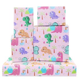 Pink Dinosaur Jurassic Gift Wrap, 4 Sheets Pink Baby Dinosaur Design Birthday Wrapping Paper, Dino Wrapping Paper Girl Kids Boys For Birthday Baby Shower, Folded Flat 50x70cm