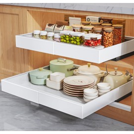Seinloes 2 Pack Pull Out Cabinet Organizers 16.5" Deep With Raising Pad for Framed Cabinets,Expandable Slide Out Drawers Upgrade 3 Slide Rails,Roll Out Shelves,Adjustable Width 12.1"-20.45" White