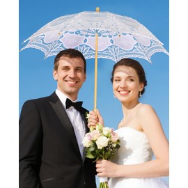 Solnique Vintage Lace Parasol Umbrella 32 Inch – Bridal Wedding Decoration Umbrella for Photoshoot, Tea Party, Victorian Style Sunshade for Women and Adults (White)