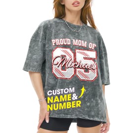 H-DEWALL Custom T Shirts Mineral Wash Tshirt Baseball Mom Shirts with Kids Name Gift for Women Mother’s Day Tshirt from Daughter Mom Boy Shirt