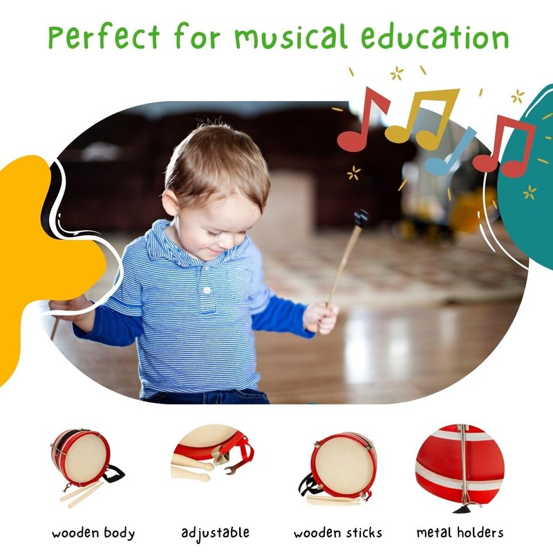 3848 Children's Wooden Marching Drum with Carry Strap and 2