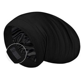 LULUSILK 100% Mulberry Silk Lined Sleep Cap Silk Bonnet for Sleeping, No More Frizzy Tangled Hair, Stay On All Night Adjustable Silk Hair Wrap for Sleeping, Black, Pack of 1