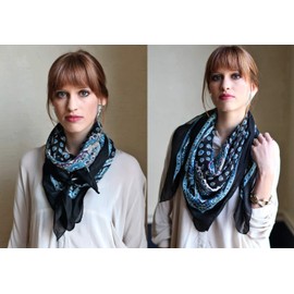 Anika Dali Women's Delicate Boho Black & Blue Floral Bandana Square Neck Scarf