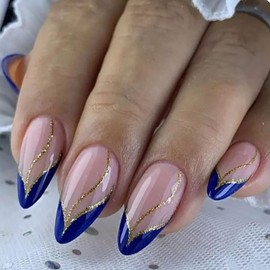 Press on Nails Almond Medium Length-Glossy Full Cover Acrylic Blue French False Nails with Gold Line Designs Artificial Pointed Almond Fake Nails with Charms Glue on Fingernails for Women Girls