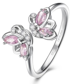 CRYSLOVE S925 Sterling Silver Birthstone Butterfly Rings for Women Cubic Zirconia Butterflies Adjustable Open Rings Statement Jewellery Gifts for Christmas for Mother Daughter