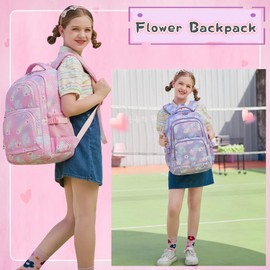 Flower Print Kids Backpack for Girls | Floral Girls Backpack for Kids Elementary Secondary School Bags | C02-Blue