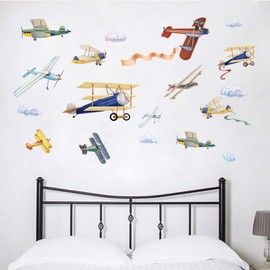 Watercolor Airplane Wall Decals, Removable Wall Stickers for Nursery Playroom Kids Bedroom Decoration, Aircrafts Theme Boys Bedroom Wall Decoration (Airplane, 9.8" X 18" X4Pcs)