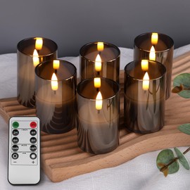 Girimax Grey Glass Flameless Votive Candles with Remote & Timer, Real Wax Flickering LED Battery Candles Set of 6 Φ 2" H 3"