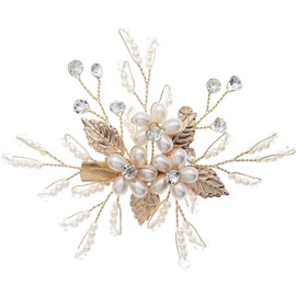 Flower Bride Wedding Vine Pearl Bridal Headpiece Rhinestone Wedding Hair Clip Leaf Hair Accessories for Women (Gold, One Size)