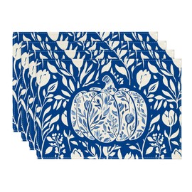 Artoid Mode Blue Pumpkins Fall Placemats Set of 4, 12x18 Inch Thanksgiving Vintage Table Mats for Dining Party Decoration