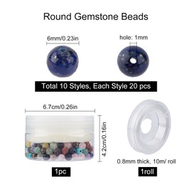 SUNNYCLUE 10 Types, 200 Pieces, Approx. 47.2 inches (6 mm), Approx. 47.2 inches (120 cm), Amethyst Beads, Tiger Eye, Lapis Lazuli, Crystal, Turquoise, Lava Stone, Stone Beads, Charms, Chakra Beads,