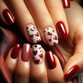 24 Pcs Valentines Press on Nails Short Square Red Heart Fake Nails with Charms Design Valentine's False Nails Full Cover Stick on Nails Holiday Artificial Nails for Women Girl Nail Art Decoration