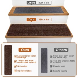 Seloom Upgraded 9" x 36" Stair Treads for Wooden Steps- Carpet Non-Slip with Non Skid Backing Specialized for Indoor Steps, Removable Washable Runners Perfect for Dogs (Brown,15-Pack, Stripe)