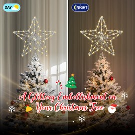 SIXVALA Christmas Star Tree Topper, 10 Inch 20 LED Metal Silver Glittered Christmas Tree Topper with Remote Control, 8 Lighting Mode for Christmas/Holiday/Indoor Winter Decor, USB Plug in/Wire 9.84Ft