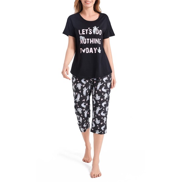 CHUNG Women Cotton Pajamas Set Short Sleeve Top Capri Pants