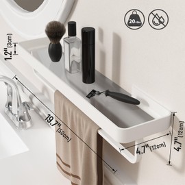 Danpoo 20 Inch Long Floating Bathroom Shelf with Towel Bar, Clear Tempered Glass Wall Shelf for Bathroom Storage Organizer, Matte White