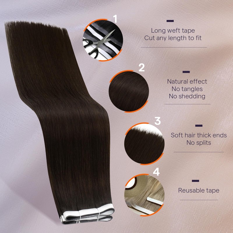 Tape in Weft Hair Extensions, Darkest Brown 18 Inch