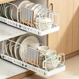 Pack of 2 Pots and Pans Organiser with Guardrail, Lid Organiser Kitchen with 8 Adjustable Dividers, Expandable Pan Organiser with Slide Rail, No Drilling, for Pots and Lids (White)