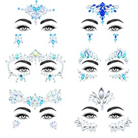 SAOROPEB Face Gems - 6 Sets Mermaid Face Jewels Temporary Tattoo Stickers Acrylic Crystal Glitter Stickers Waterproof Eye Gems Stick On Rainbow Tears Rhinestone for Party, Rave Festival
