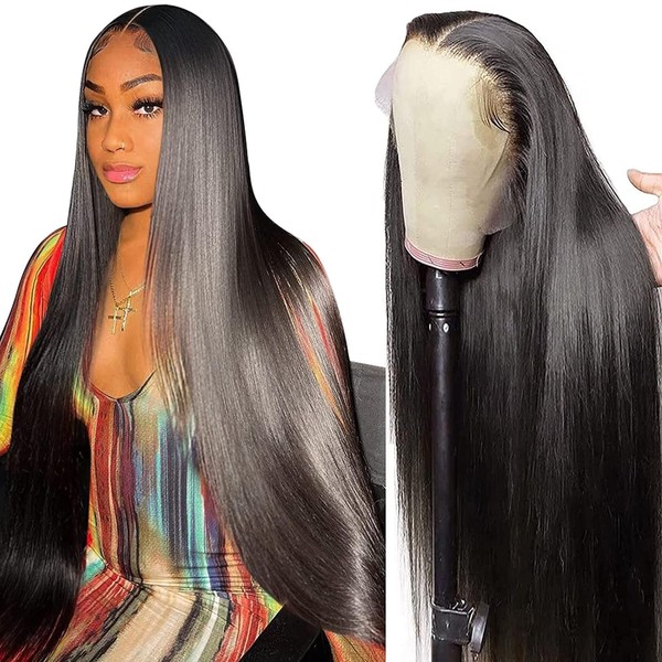 Echthaar PerüCke 13 x 6 Lace Front Wig Human Hair Straight Wigs Real Hair Women 100% Brazilian Human Hair Wigs for Black Women in Black Colour 18 Inches (45 cm)