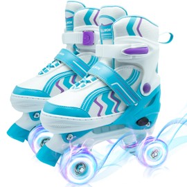 WELLWON Roller Skates Kids, 4 Adjustable Rollerskates with 8 Light Up Wheels, Child Roller Skate for Boys Girls Age 8-12, Children Beginners for Outdoor Indoor Sports