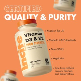 Vitamin D3 K2 (MK7) 100ug - 6 Month’s Supply - High Strength 180 Tablets - Premium Vegetarian Tablets - Suitable for Vegetarian - Vitamin D3, 4000iu & K2 - Made in UK