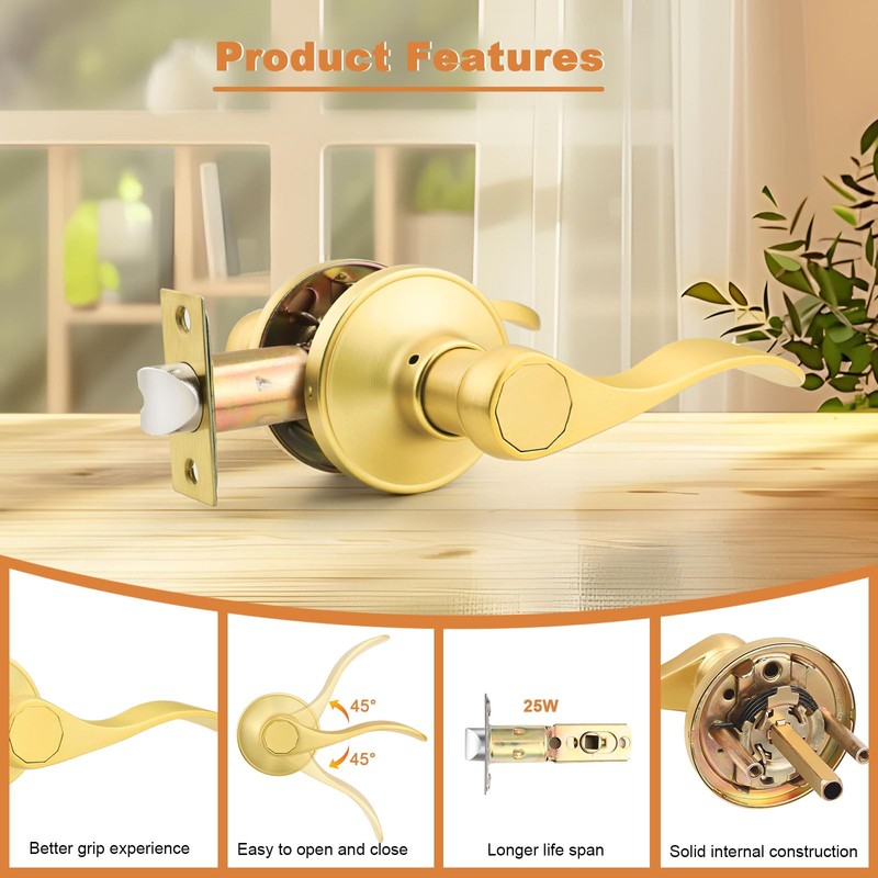 Probrico Gold Door Handles - Interior Passage Lever, Brushed Gold