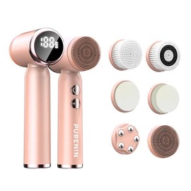 PURENIN - 6-in-1 Set - Electric Facial Cleansing Brush, Also for Travel, 360 Degree Rotation of the Brush Head, Waterproof to IPX6, Electric Facial Cleanser (Pink)
