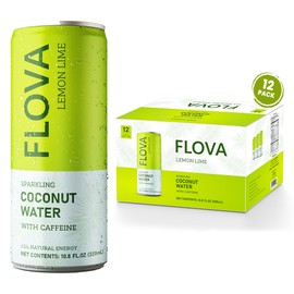 Flova Lemon Lime Energy Drink, 5 Natural Ingredients, Electrolytes from Coconut Water, 142 mg Caffeine, Pack of 12 Cans
