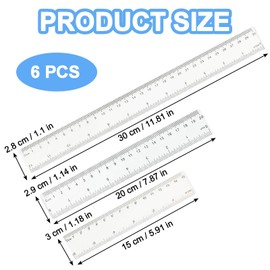6 Piece Ruler Set, Ruler Small, Measuring Ruler Tool, Precision Transparent Flexible Ruler 20 cm, Ruler 15 cm and Ruler 30 cm for School, Teaching, Office, Home, Drawing, Engineering