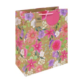 Eurowrap Large Brown Kraft Paper Floral Gift Bag – Floral Print Gift Bag with Woven Handle – Perfect for Mother's Day, Birthdays & Special Occasions