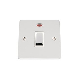 20A Double Pole Switch - Polished Chrome Flat - White - Metal Rocker Switch - DP Water Heater Switch with Neon Indicator