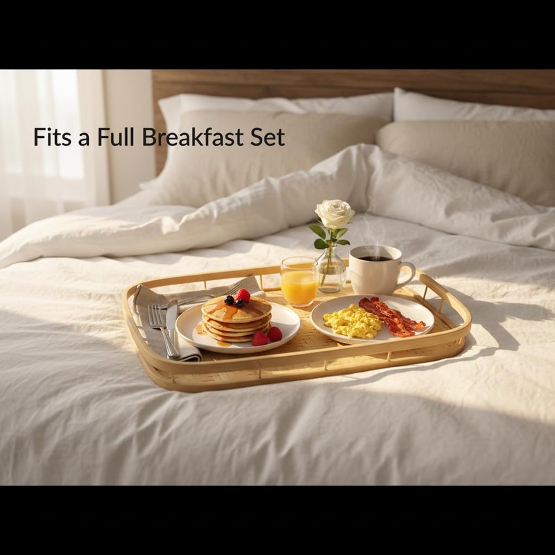 PEMAR Wicker Serving Trays w Handles,Rectangular Hand-Woven Lap Trays,Bamboo Bedroom