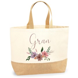 Lovely Grandmother Shopper Bag - Gran Flowers - Jute Canvas X-Large Tote Bag - Mothers Day Nanny Grandma Gran Nan XL natural
