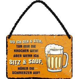 WOGEKA ART HS480 Retro Tin Sign "Wo ich geh und steh, tun mir die Knochen weh...Bier" Funny Saying Gift Idea Birthday Christmas Decoration 18 x 12 cm Vintage Hanging Sign